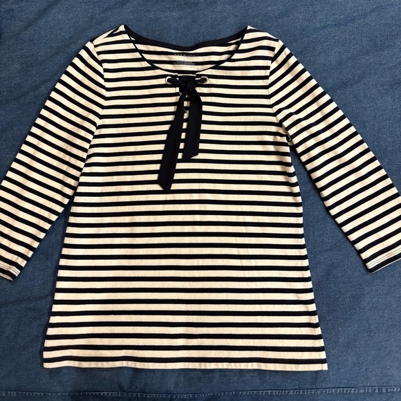 Talbots stripe tie neck long sleeve tshirt M nautical white blue - Picture 2 of 5